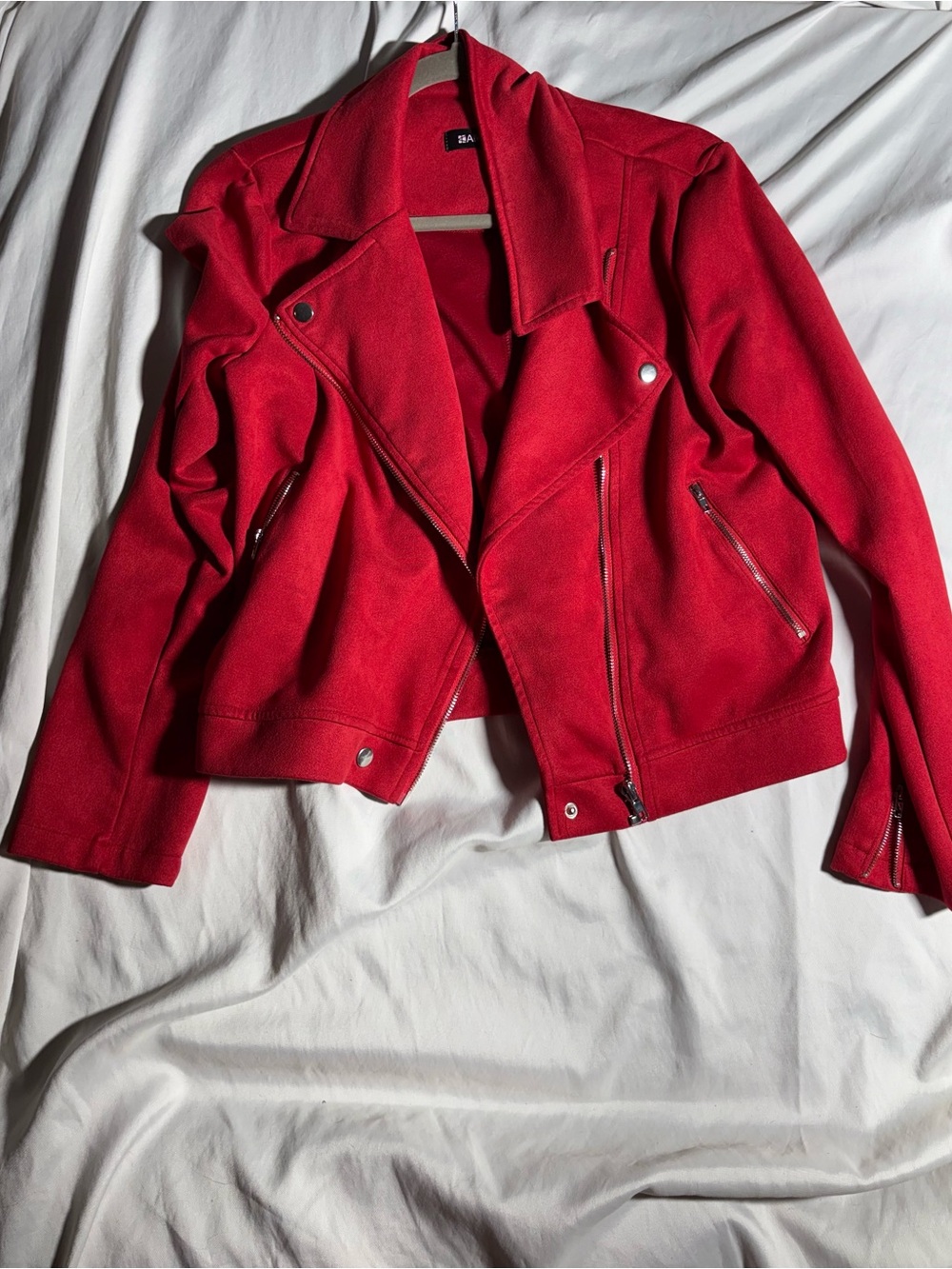 Allegra K Red Moto-Style Faux Leather Jacket